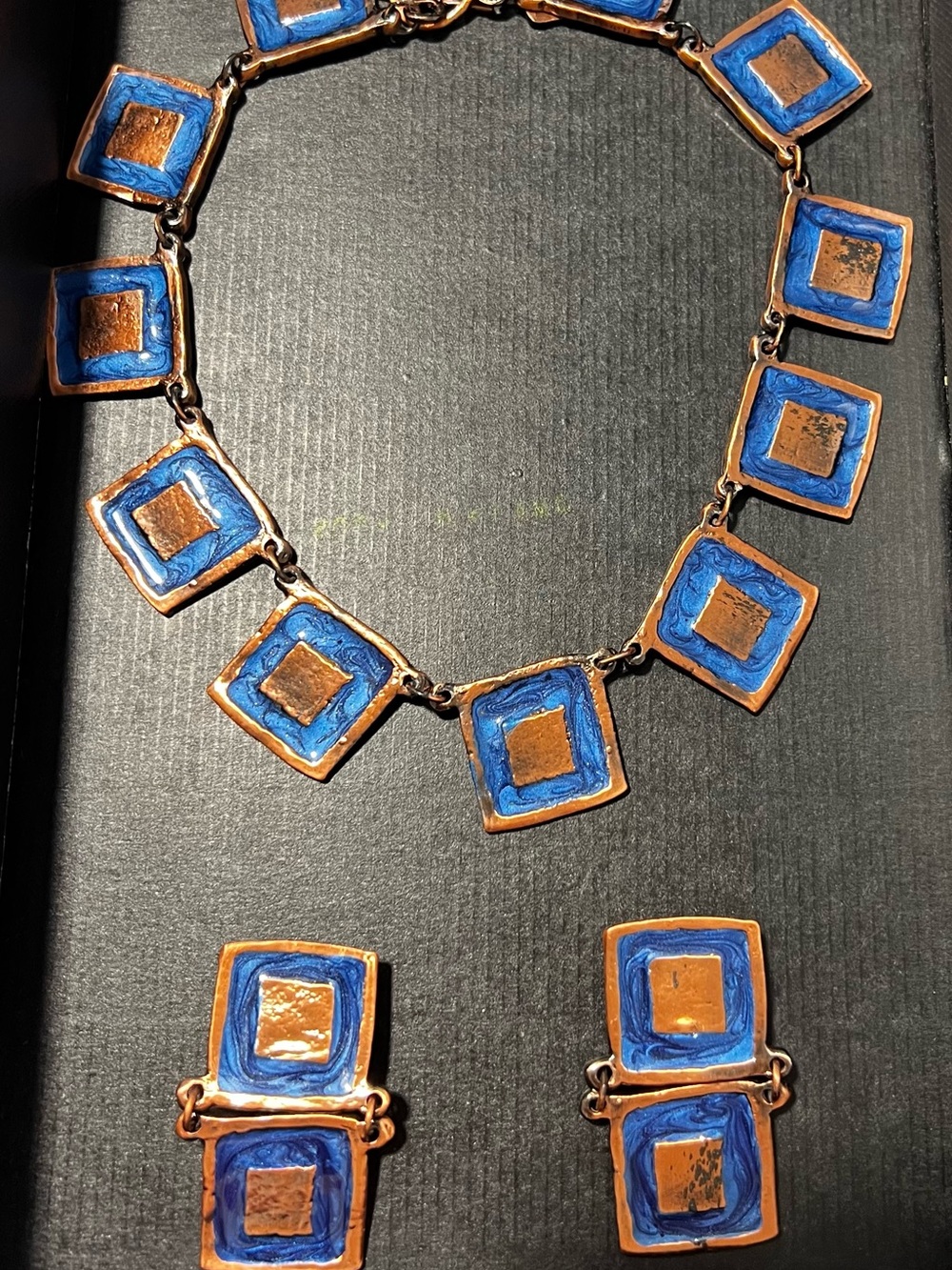 Vintage 80-80’ Copper Tone Blue Square Link Necklace and Earring Set
